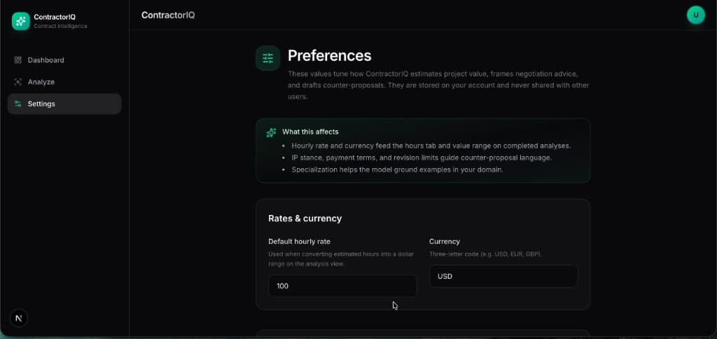 ContractorIQ preferences: hourly rate, currency, IP stance, payment terms, and specialization.